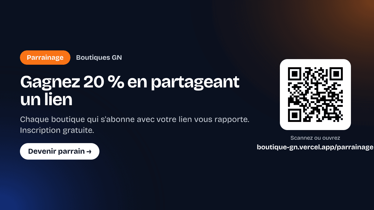 Gagnez 20 % en partageant un lien — Chaque boutique qui s'abonne avec votre lien vous rapporte. Inscription gratuite.