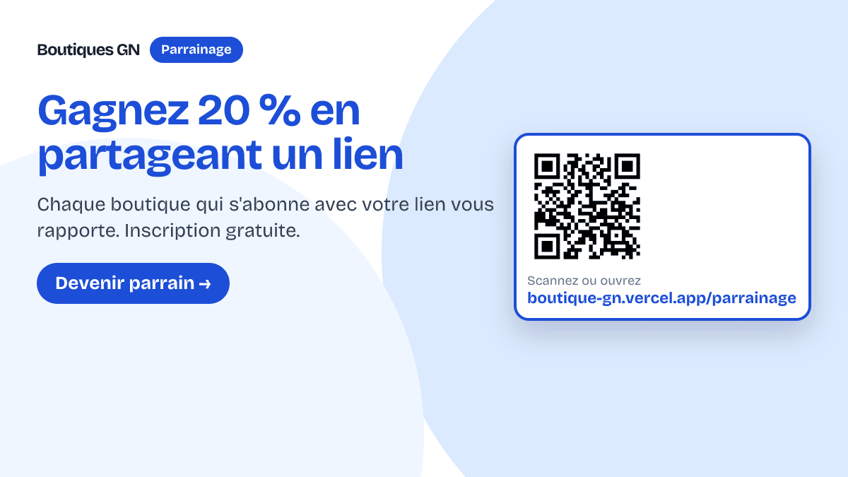 Gagnez 20 % en partageant un lien — Chaque boutique qui s'abonne avec votre lien vous rapporte. Inscription gratuite.