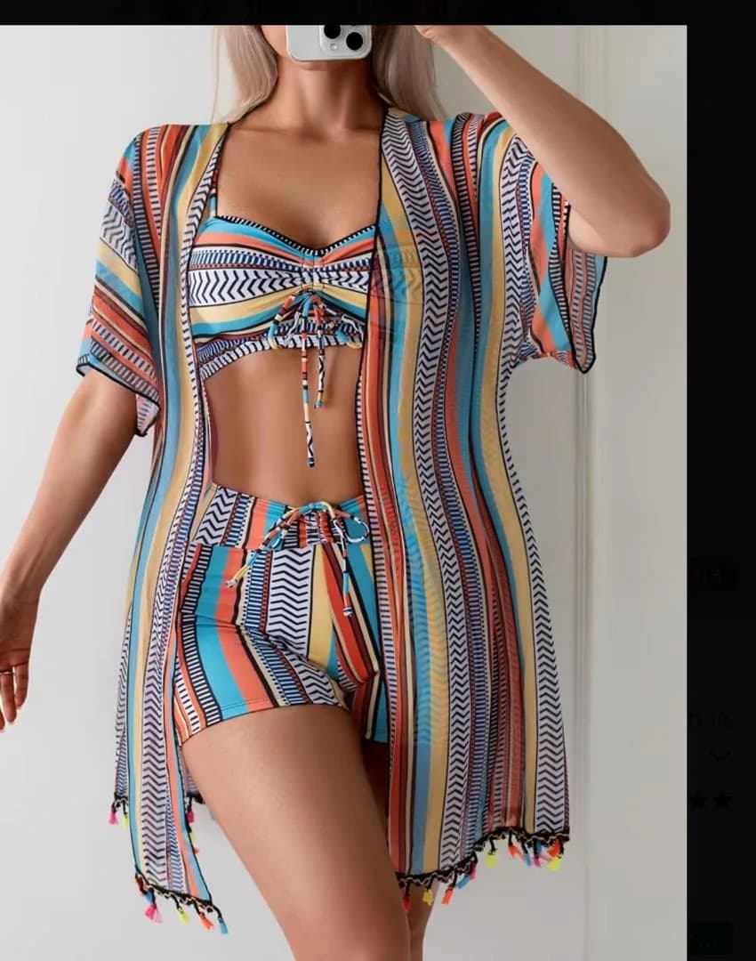 Ensemble 3 Pièces Femme – Bikini & Kimono de Plage ☀️🌴